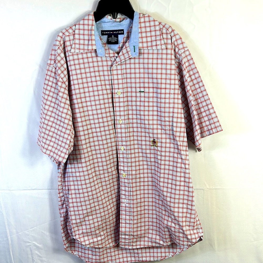 Tommy Hilfiger size Medium red,white, light blue Plaid Short Sleeve Button Down